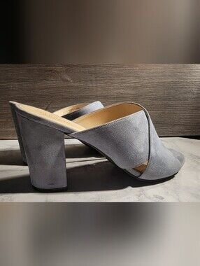 Cole Haan Light Gray Suede Crossover Block Heel Mules